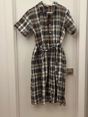 Plaid Short-Sleeve Shirt Dress with Waist Tie - Blue, Brown & White